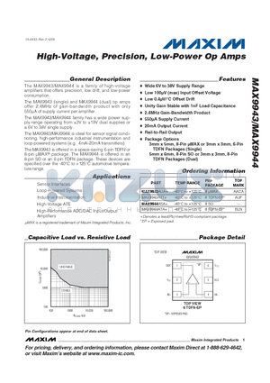 MAX9944ATA+ datasheet - High-Voltage, Precision, Low-Power Op Amps
