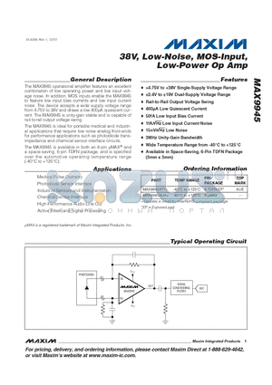 MAX9945AUA datasheet - 38V, Low-Noise, MOS-Input, Low-Power Op Amp