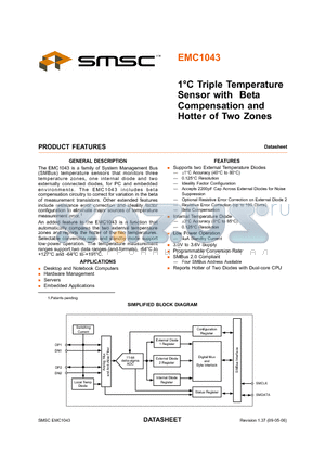 EMC1043 datasheet - 1`C Triple Temperature Sensor with Beta Compensation and Hotter of Two Zones