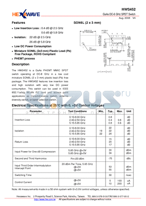 HWS452 datasheet - GaAs DC-6 GHz SPDT Switch