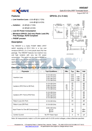 HWS447 datasheet - GaAs DC-6 GHz SPDT Terminated Switch