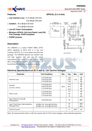 HWS453 datasheet - GaAs DC-6 GHz DPDT Switch