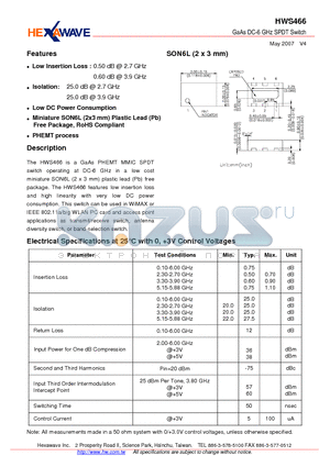 HWS466 datasheet - GaAs DC-6 GHz SPDT Switch