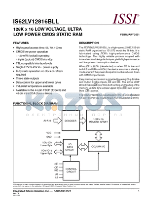 IS62LV12816BLL-55T datasheet - 128K x 16 LOW VOLTAGE, ULTRA LOW POWER CMOS STATIC RAM