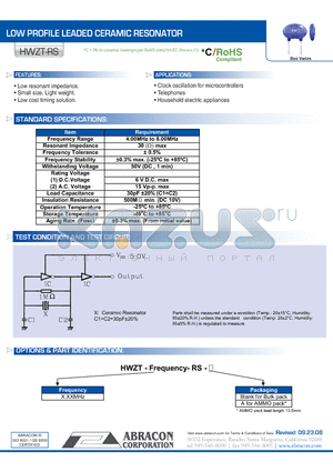 HWZT-RS datasheet - LOW PROFILE LEADED CERAMIC RESONATOR