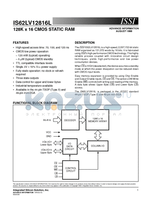 IS62LV12816L-120BI datasheet - 128K x 16 CMOS STATIC RAM