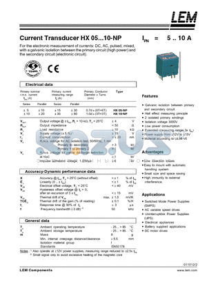 HX05-NP datasheet - Current Transducer HX 05~10-NP