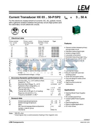 HX03-P/SP2 datasheet - Current Transducer HX 03~50-P/SP2