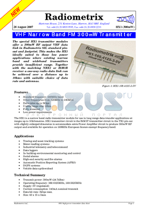 HX1-144.390-3 datasheet - VHF Narrow Band FM 300mW Transmitter
