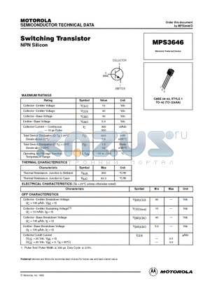MPS3646 datasheet - Switching Trasnistor(NPN Silicon)