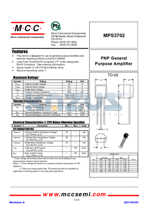 MPS3702 datasheet - PNP General Purpose Amplifier