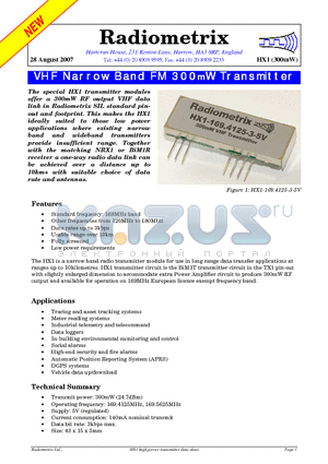 HX1-169.5625-3 datasheet - VHF Narrow Band FM 300mW Transmitter