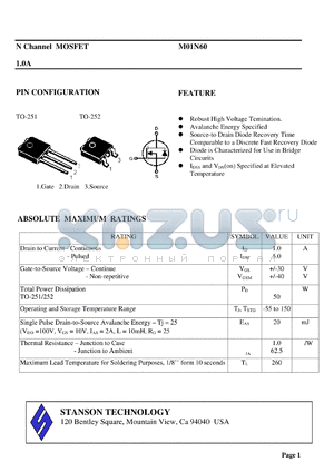 M01N60 datasheet - N Channel MOSFET