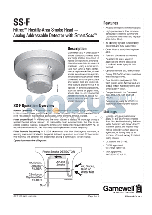 M02-04-01 datasheet - Filtrex Hostile Area Smoke Head Analog Addressable Detector with SmartScan