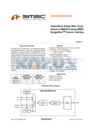 EMC1204 datasheet - Triple/Quad Single-Wire Temp Sensor in MSOP-8 Using SMSC BudgetBus Sensor Interface