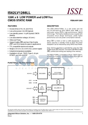 IS62LV1288LL-45T datasheet - 128K x 8 LOW POWER and LOW Vcc CMOS STATIC RAM