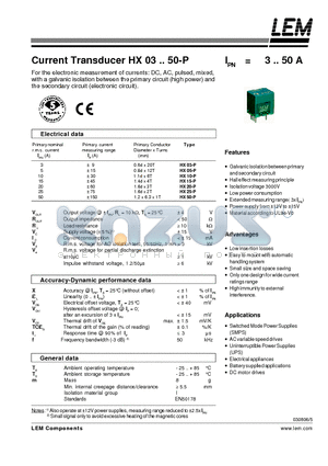 HX03-P datasheet - Current Transducer HX 03~50-P