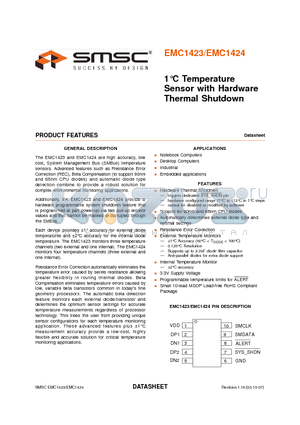 EMC1423-1-AIZL-TR datasheet - 1`C Temperature Sensor with Hardware Thermal Shutdown