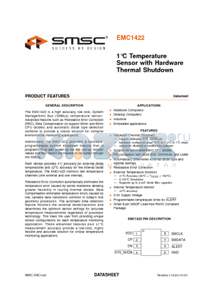 EMC1422 datasheet - 1C Temperature Sensor with Hardware Thermal Shutdown