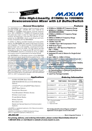 MAX9986AETP+ datasheet - SiGe High-Linearity, 815MHz to 1000MHz Downconversion Mixer with LO Buffer/Switch