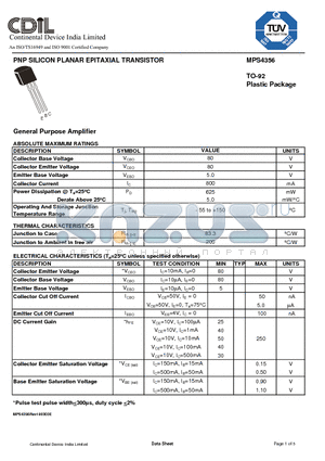 MPS4356 datasheet - PNP SILICON PLANAR EPITAXIAL TRANSISTOR