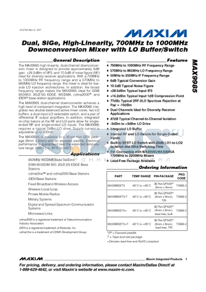 MAX9985ETX+ datasheet - Dual, SiGe, High-Linearity, 700MHz to 1000MHz Downconversion Mixer with LO Buffer/Switch