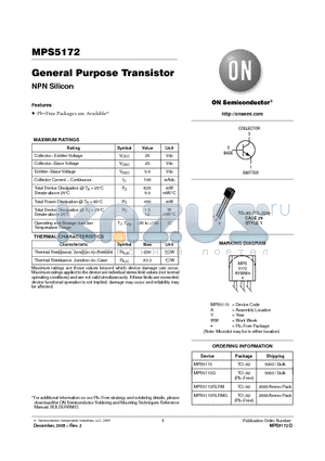 MPS5172RLRMG datasheet - General Purpose Transistor NPN Silicon