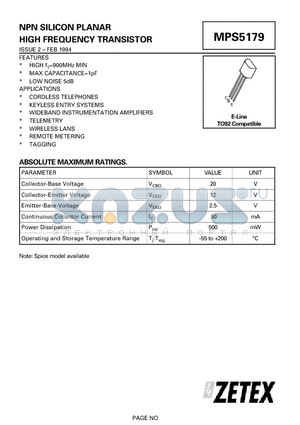 MPS5179 datasheet - NPN SILICON PLANAR HIGH FREQUENCY TRANSISTOR