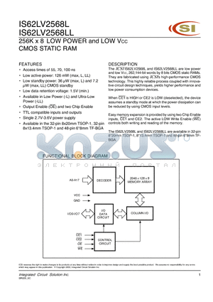 IS62LV2568LL-70H datasheet - 256K x 8 LOW POWER and LOW Vcc CMOS STATIC RAM