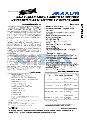 MAX9994ETP-T datasheet - SiGe High-Linearity, 1700MHz to 2200MHz Downconversion Mixer with LO Buffer/Switch