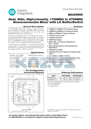 MAX9995ETX+ datasheet - Dual, SiGe, High-Linearity, 1700MHz to 2700MHz Downconversion Mixer with LO Buffer/Switch