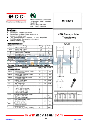 MPS651 datasheet - NPN Encapsulate Transistors