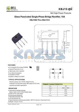 KBJ15 datasheet - Glass Passivated Single-Phase Bridge Rectifier, 15A