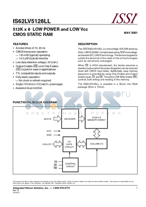 IS62LV5128LL-70BI datasheet - 512K x 8 LOW POWER and LOW Vcc CMOS STATIC RAM