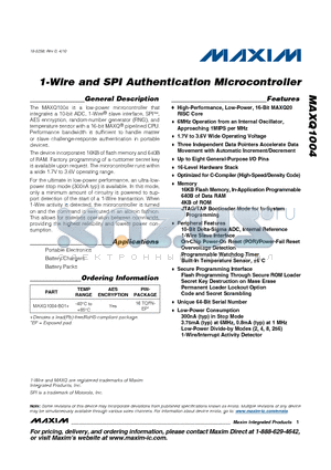 MAXQ1004-B01+ datasheet - 1-Wire and SPI Authentication Microcontroller