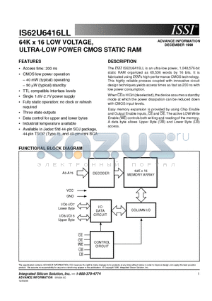 IS62U6416LL-20T datasheet - 64K x 16 LOW VOLTAGE, ULTRA-LOW POWER CMOS STATIC RAM