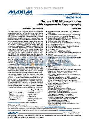 MAXQ1050 datasheet - Secure USB Microcontroller with Asymmetric Cryptography