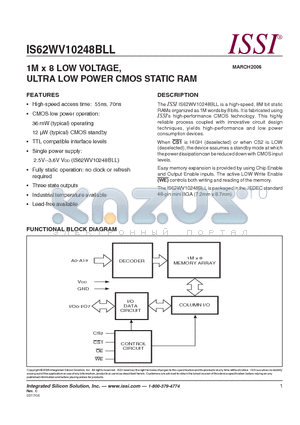 IS62WV10248BLL-55BLI datasheet - 1M x 8 LOW VOLTAGE, ULTRA LOW POWER CMOS STATIC RAM