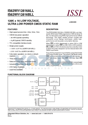 IS62WV12816ALL-70T datasheet - 128K x 16 LOW VOLTAGE ULTRA LOW POWER CMOS STATIC RAM