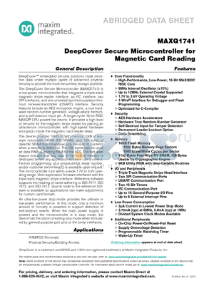 MAXQ1741 datasheet - DeepCover Secure Microcontroller for Magnetic Card Reading