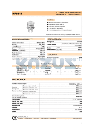 HF9111 datasheet - TO-5 TYPE HIGH TEMPERATURE HERMETICALLY SEALED RELAY