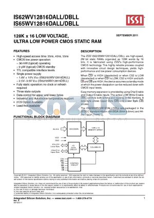 IS62WV12816DALL datasheet - 128K x 16 LOW VOLTAGE, ULTRA LOW POWER CMOS STATIC RAM