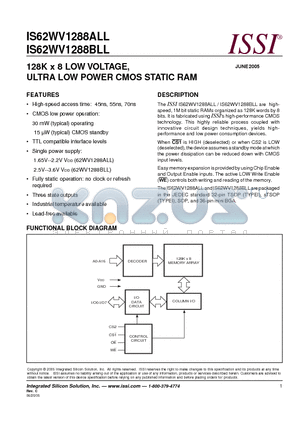 IS62WV1288ALL datasheet - 128K x 8 LOW VOLTAGE, ULTRA LOW POWER CMOS STATIC RAM