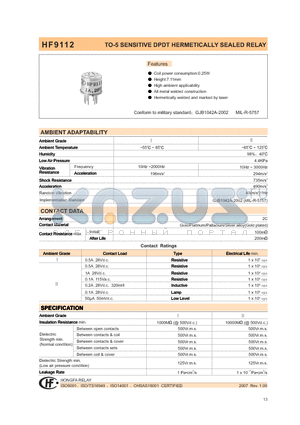 HF9112-00702I datasheet - TO-5 SENSITIVE DPDT HERMETICALLY SEALED RELAY