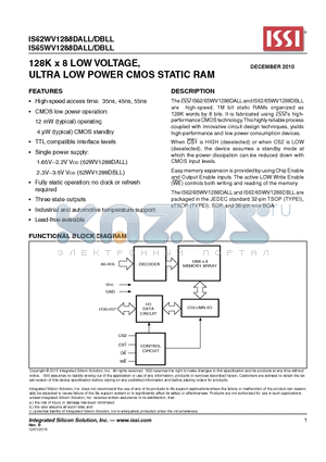 IS62WV1288DALL/DBLL datasheet - 128K x 8 LOW VOLTAGE, ULTRA LOW POWER CMOS STATIC RAM