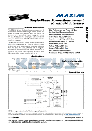 MAXQ314+ datasheet - Single-Phase Power-Measurement IC with I2C Interface