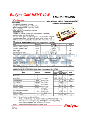 EMC21L1004GN datasheet - High Voltage - High Power GaN-HEMT Power Amplifier Module