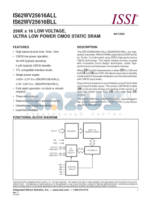 IS62WV25616ALL datasheet - 256K x 16 LOW VOLTAGE, ULTRA LOW POWER CMOS STATIC SRAM