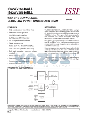 IS62WV25616BLL-55BLI datasheet - 256K x 16 LOW VOLTAGE, ULTRA LOW POWER CMOS STATIC SRAM