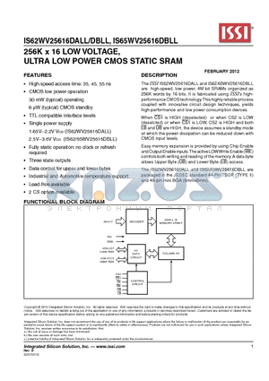 IS62WV25616DALL/DBLL datasheet - 256K x 16 LOW VOLTAGE, ULTRA LOW POWER CMOS STATIC SRAM